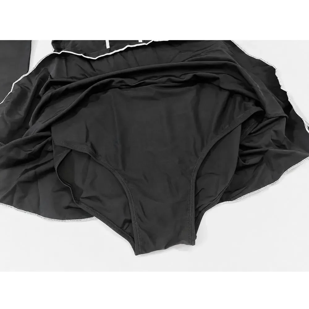 Women Swim Black Long Sleeve RashGuard One Piece Swim Dress Sz Large, Modest EUC